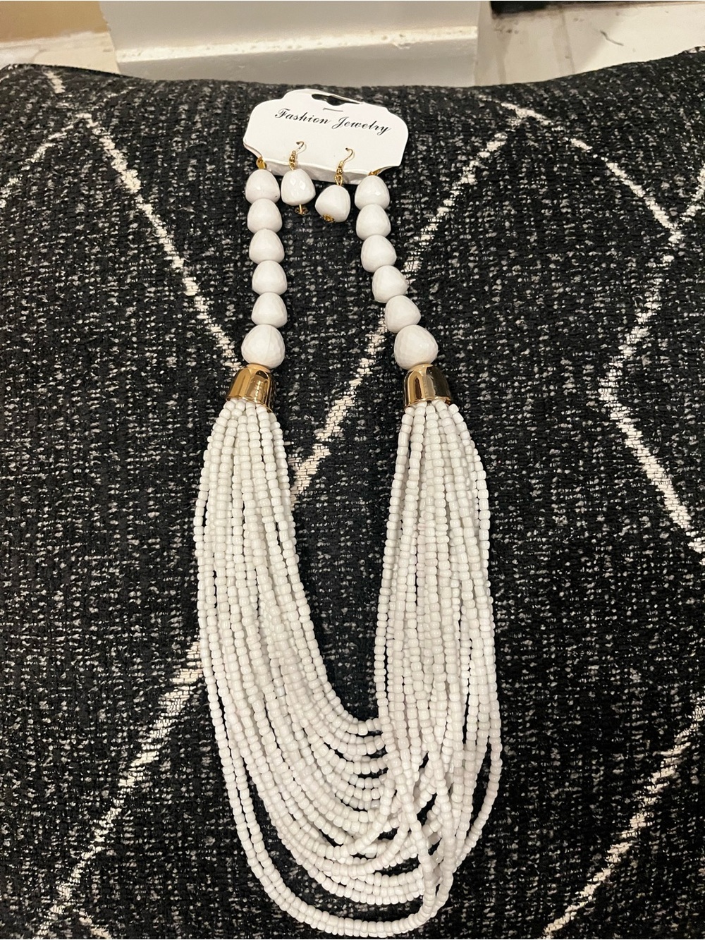 Fashion Jewelry White Multi-Strand Beaded Tassel Necklace with Gold Accents